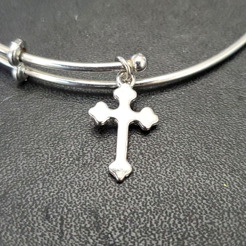 Silver tone slide charm bangle bracelet 8" cross inspirational